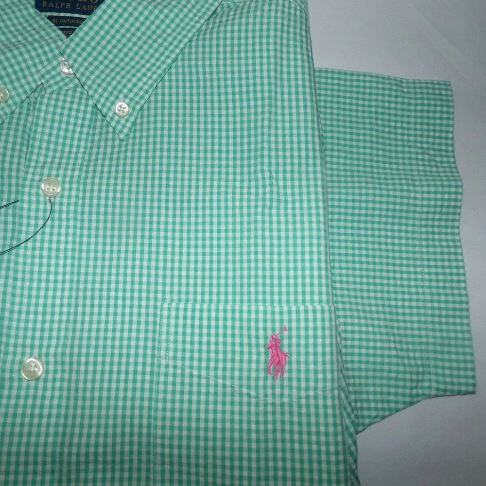 Polo Ralph Lauren Mens SZ LRG Gingham S/S Button Up Shirt Green Pink Pony
